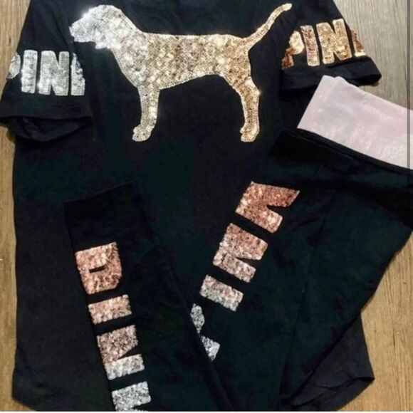 VS PINK OMBRÉ BLING TSHIRT/ YOGA LEGGINGS OUTFIT SET S - Picture 2 of 12